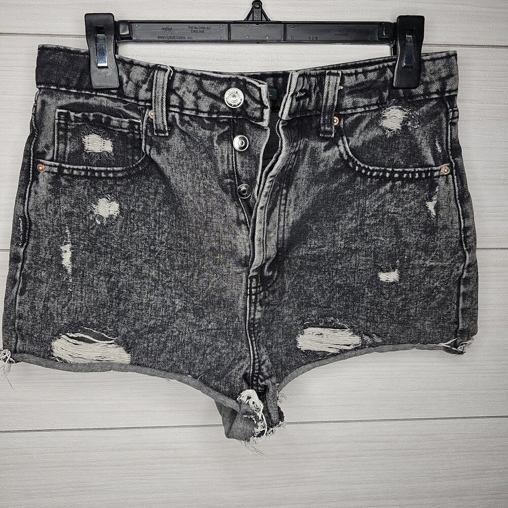 Black Acid Wash Denim Cutoff Shorts Ripped Distressed Button Fly 6 Streetwear